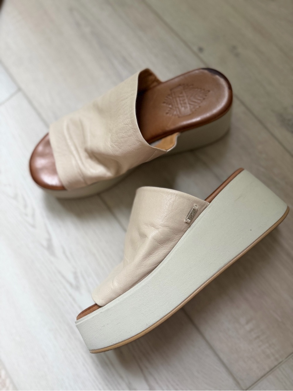 Cream Platform Slide Sandals with Genuine Leather Upper